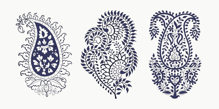 Naklejki Set of 3 paisley elements. Traditional oriental ethnic ornament of India, 2 colors. For your design.