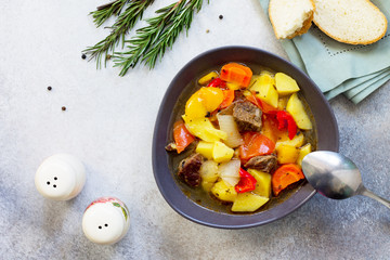 Beef stew with vegetables and spices in a bowl on a stone background. Flat lay. Top view with copy space.
