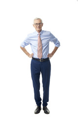 Successful senior lawyer. Full length portrait of  happy senior businessman standing with arms crossed while looking at camera and smiling. Isolated white background.