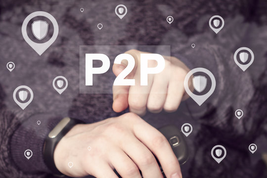 Businessman hand press button Peer-to-peer P2P