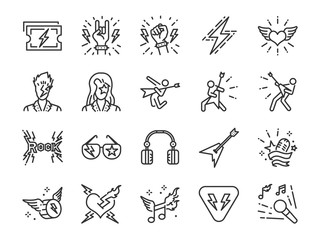 Naklejka premium Rock and Roll line icon set. Included the icons as rocker, leather boy, concert, song, musician, heart, guitar and more. 