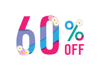 Spring sale colorful paper cut background with beautiful flower,sixty percent off,vector illustration template, banners, Wallpaper, invitation, posters, brochure, voucher discount.