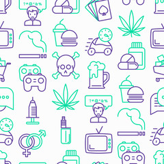 Bad habits seamless pattern with thin line icons: abuse, alcoholism, cigarette, marijuana, drugs, fast food, poker, promiscuity, tv, video games. Modern vector iilustration.