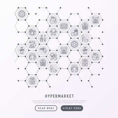 Hypermarket concept in honeycombs with thin line icons: apparel, sport equipment, electronics, perfumery, cosmetics, toys, food, appliances. Modern vector illustration, web page template.