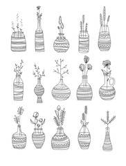 Fototapeta premium Collection of glass bottles with flowers. Hand draw style. Black outline on white background