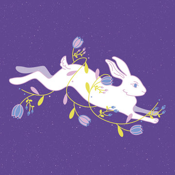 Easter rabbit with flowers on the background.Vector illustration.