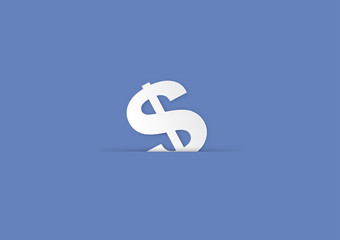 White dollar sign on blue background, paper art style vector illustration business concept