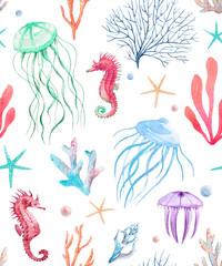 Naklejka premium Watercolor sea life pattern