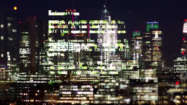 amazing night time london city timelapse with data and computer programming information mapped over the skyline