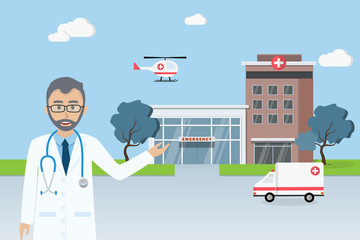 Doctor standing in front of City Hospital building with helicopter and ambulance. Flat design vector