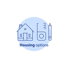 Home improvement, real estate estimation concept, house renovation and modernization, housing options, vector stroke icon