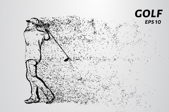 Golf of particles. Man playing Golf on Golf course