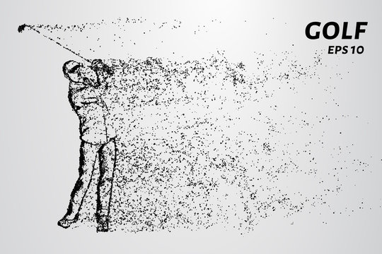 Golf of particles. Man playing Golf on Golf course