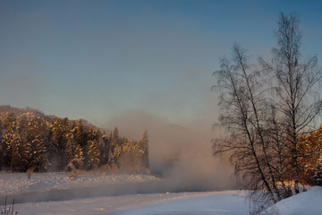 Winter sunrise in the Altai Mountains