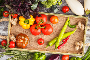 Set of different fresh raw vegetables in the wooden tray, light background