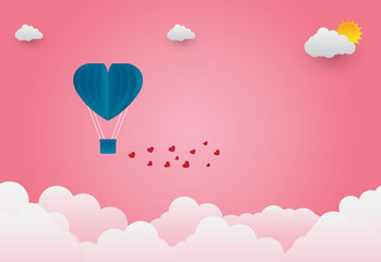 Fototapeta na wymiar Valentine's day balloons in a heart shaped flying over grass view background, paper art style.