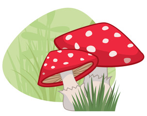 Red Mushrooms with White Spots with Grass Patch and Green Natural Background