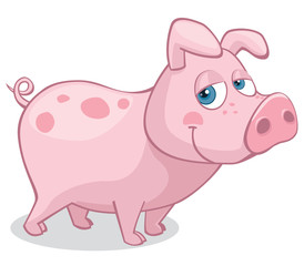 Cute Pig Standing on All Four Looking at the Viewer Cartoon Style Vector Illustration Isolated on White