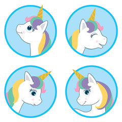 Cartoon Style Cute Unicorn Circle Design Set. Vector Illustration Isolated on White Background. Fantasy White Animal Vector Head with Rainbow Mane Portrait Sticker, Patch Badge. Magic Dream Symbol
