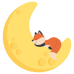Cute Little Baby Fox Sleeping on Crescent Moon Kawaii Style Flat Vector Illustration Isolated on White