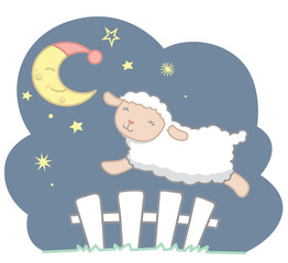 Cute Little Kawaii Style Sheep Jumping Over White Picket Fence Under the Crescent Moon with Night Cap and Stars Night Scene Dreamy Counting Sheep Vector Illustration
