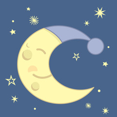Cute Kawaii Style Sleeping Crescent Moon With Blue Night Cap and Stars Night Scene Vector Illustration