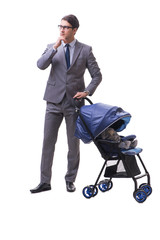 Young businessman nursing child in pram isolated on white