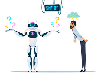 Modern Robot Set With expressions . Businessman mad about silly robot. Artificial Intelligence Technology Flat Vector Illustration