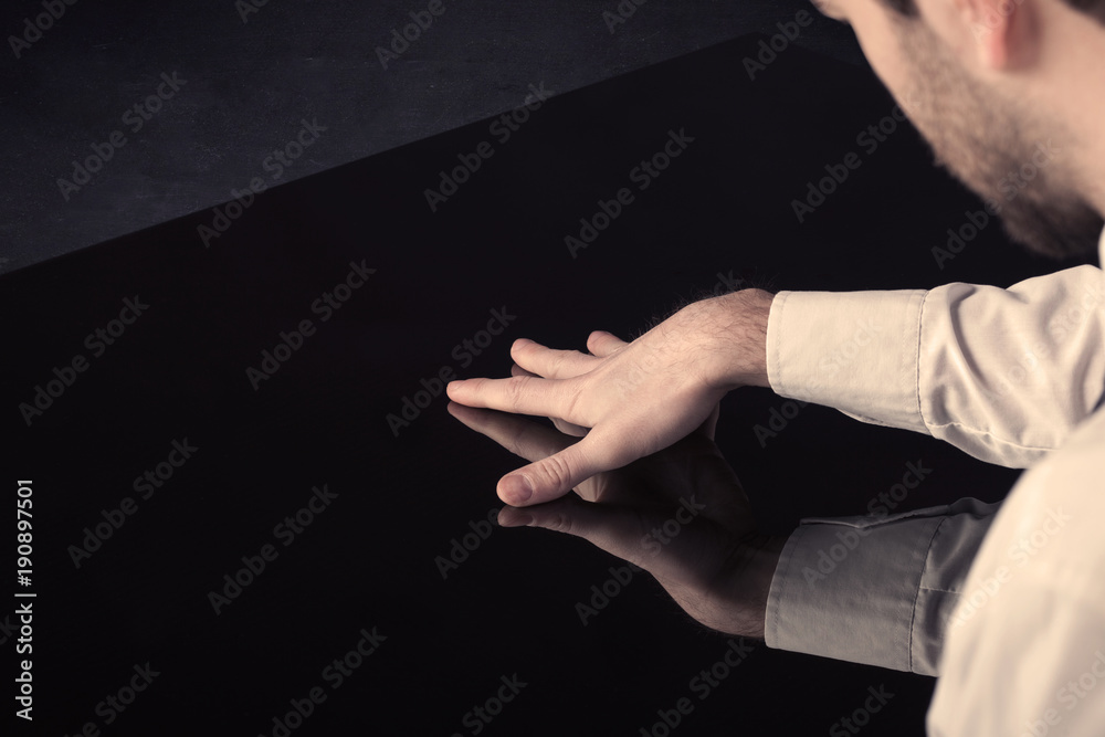 Poster Close up of a hand touching smart table with copy space