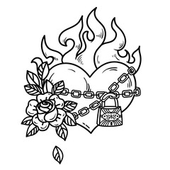 Tattoo burning heart with roses. Tattoo heart in fetters of love on white background. Black and white illustration
