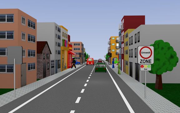Hauptstraße mit dem Straßenschild Umweltzone frei (text in deutsch) Häusern, Autos und Fußgängern. 3d render