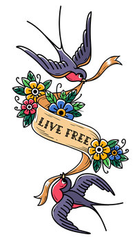 Two bluebirds carry ribbon with inscription Live Free in flowers. Old School tattoo design. Black and white illustration