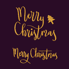 Lettering words in gold glitter. Merry Christmas greeting. Vector background illustration for designs.
