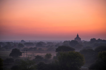 Beautiful landscape view of sunset Pagoda in Bagan city, Myanmar. Landmark and famous of romantic...