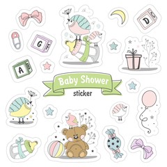 Set of Baby shower stickers. Isolated on a white background drawn by hand.