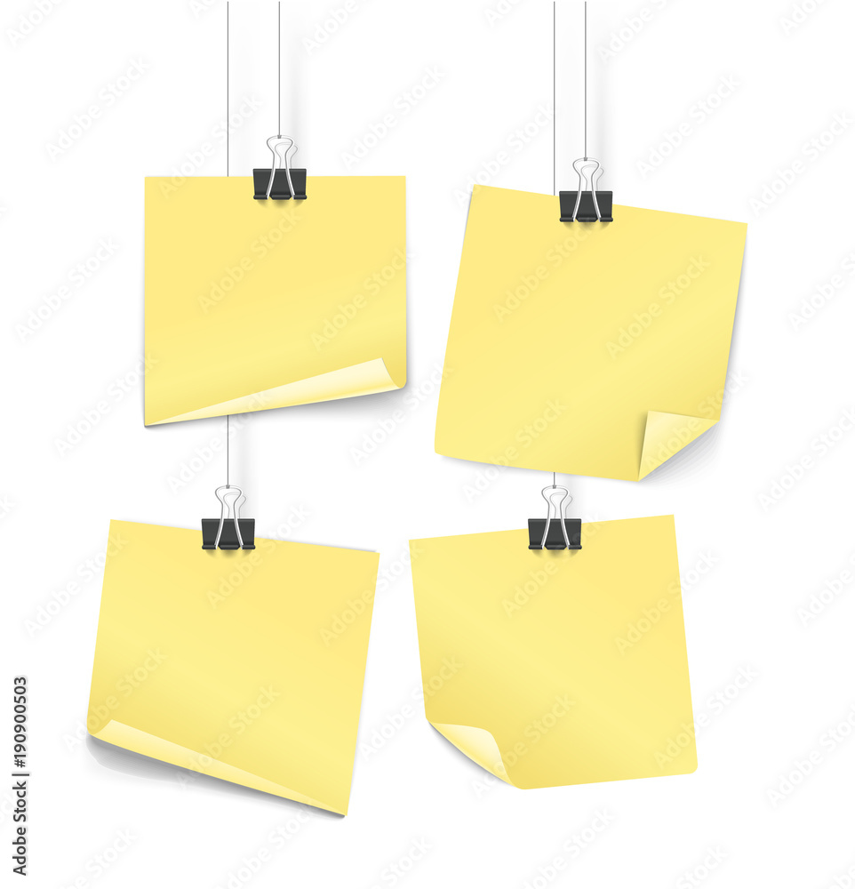 Poster yellow paper stickers on hooks vector illustration. objects on transparent background