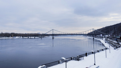 Snow-covered embankment of the Dnieper River in Kiev