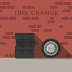 Garage interior with wheels and tire