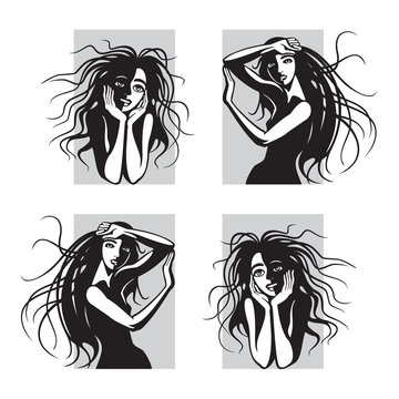 Cute girls with black long hair. Young women with fluttering hairstyles. Vector illustration, sketch, hand drawn graphic lines pictures.