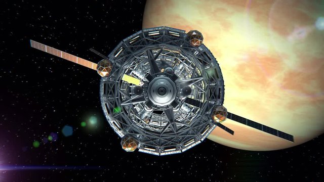 Flight through the door of the sci-fi spaceship on background of Venus, green screen, 3d animation. Texture of the planet was created in the graphic editor without photos and other images.