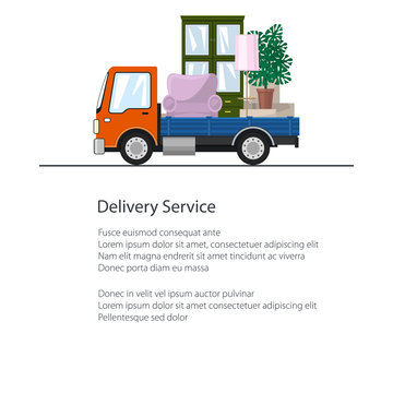 Orange Freight Car is Transporting Furniture Isolated on a White Background and Text, Flyer Transportation and Cargo Delivery Services, Logistics, Poster Brochure Design, Vector Illustration
