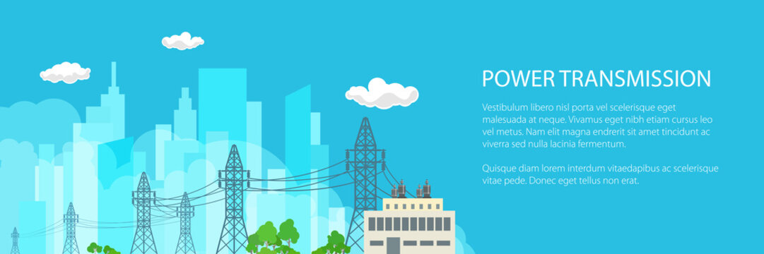 Banner with High Voltage Power Lines Supplies Electricity to the City , Electric Power Transmission on a Blue Background, Vector Illustration