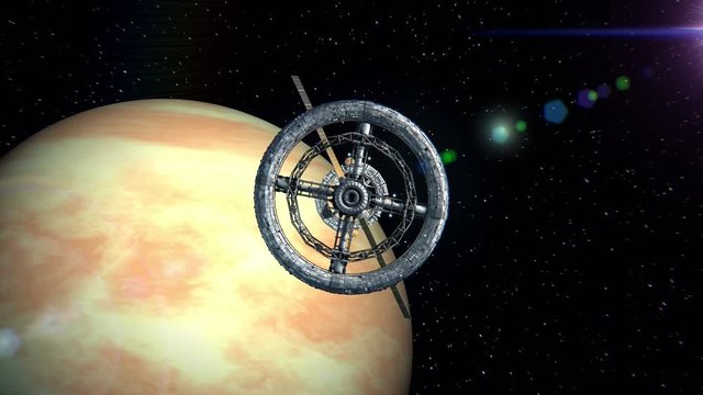 Venus on the background. Flight through the gates of the sci-fi space station, green screen, 3d animation. Texture of the Planet was created in the graphic editor without photos and other images.