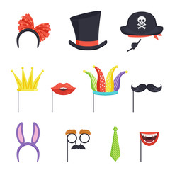 Colorful set with various carnival accessories. Hoop with bow and bunny ears, tie, cardboard crown, lips, mustache, jester cap, cylinder and pirate hat. Flat vector