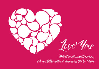 Minimalistic valentine card template with white heart made from droplet shapes