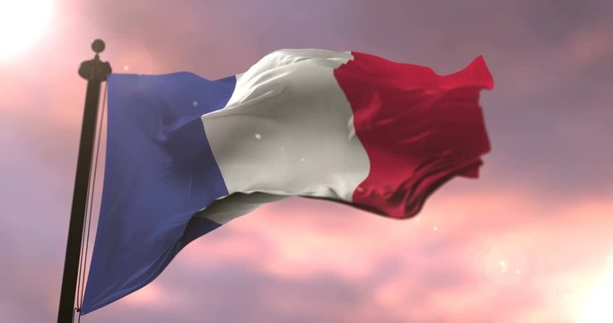 Flag of France waving at wind at sunset, loop