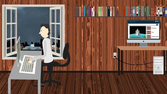 Cartoon Man Typing On A Computer From A Home Office