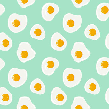 Fried eggs on turquoise background seamless pattern. Yummy breakfast. Vector hand drawn illustration seamless pattern.
