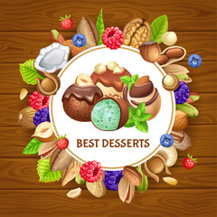 Poster best desserts with nuts and garden berries. Grains  of cashew, brazilian nut, coconut,  cedar, hazelnut, cashew, almonds, walnut, nutmeg, pecan, peanut, macadamia, pistachio.