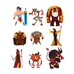 Collection with different fantasy game characters. Cartoon sorcerer, warrior, viking, giant, demon, cyclope, magician. Colorful flat vector design